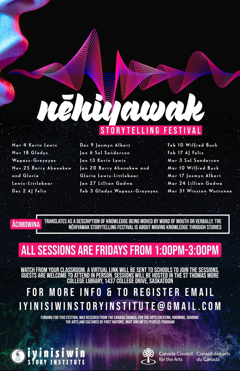 Virtual storytelling you can watch from your classroom! 
Nêhiyawak Storytelling Festival
Fridays Nov 4-March 31
Free registration for all classrooms. Email iyinisiwinstoryinstitute@gmail.com to register!