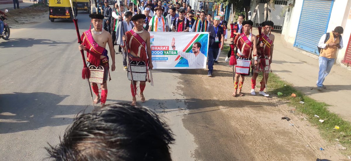 INCNagaland's tweet photo. Padyatra is continuing with cultural dance performance by artists.

#BharatJodoYatraNagaland https://t.co/xNyt9vRJXj