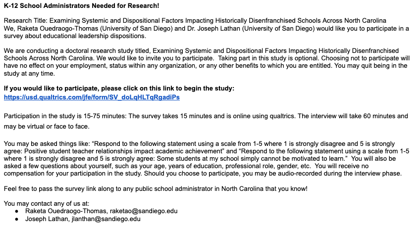 RaketaAlyce's tweet photo. K-12 School Administrators: Please complete this dissertation survey! 
>> https://t.co/fqjkwUwllD 
#dissertation #ncsurvey #perceptions #ResearchWithImpact #LeaderMindset https://t.co/K3Gq8h47EF