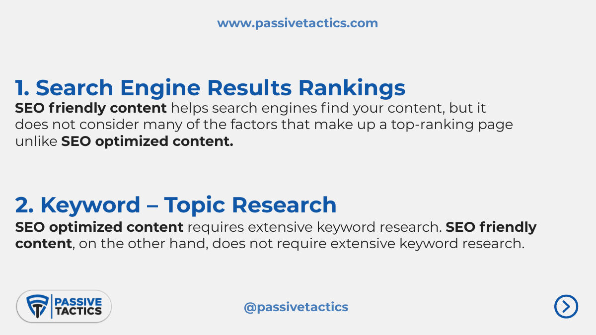 TacticsPassive's tweet image. There is a lot of confusion surrounding the terms "SEO-friendly" and "SEO-optimized." Here, we break them down for you so you can understand which type of content is right for your website.
#seofriendlycontent #seooptimizedcontent #seofriendlyvsoptimized #passivetactics