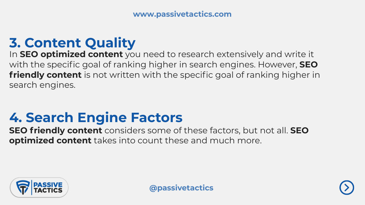 TacticsPassive's tweet image. There is a lot of confusion surrounding the terms "SEO-friendly" and "SEO-optimized." Here, we break them down for you so you can understand which type of content is right for your website.
#seofriendlycontent #seooptimizedcontent #seofriendlyvsoptimized #passivetactics