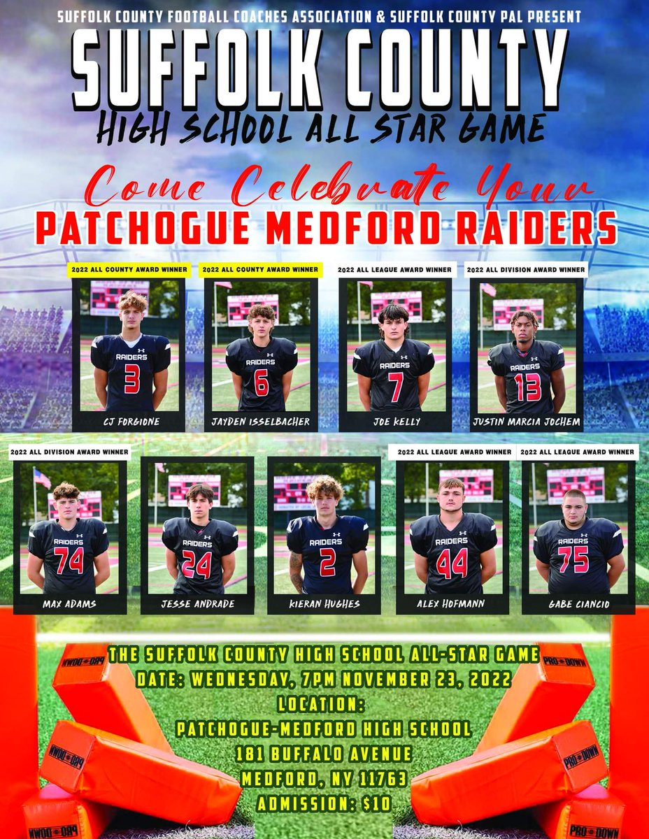🏈 Join us at Raider Stadium one last time this year, as we host Suffolk County's All-Star Game! We have 9 Raiders taking the field on Thanksgiving Eve. Come down and cheer them on with us! <a href="/CoachTC11/">Tyler Collins</a> <a href="/PatMedAthletics/">Pat-Med Athletics</a> <a href="/Newsday/">Newsday</a> <a href="/NewsdayHSsports/">Newsday HS sports</a>   <a href="/LIBasketball23/">LI Sports Fanatic 🏈🏀⚾️</a> <a href="/LIBLITZ/">LI BLITZ</a>