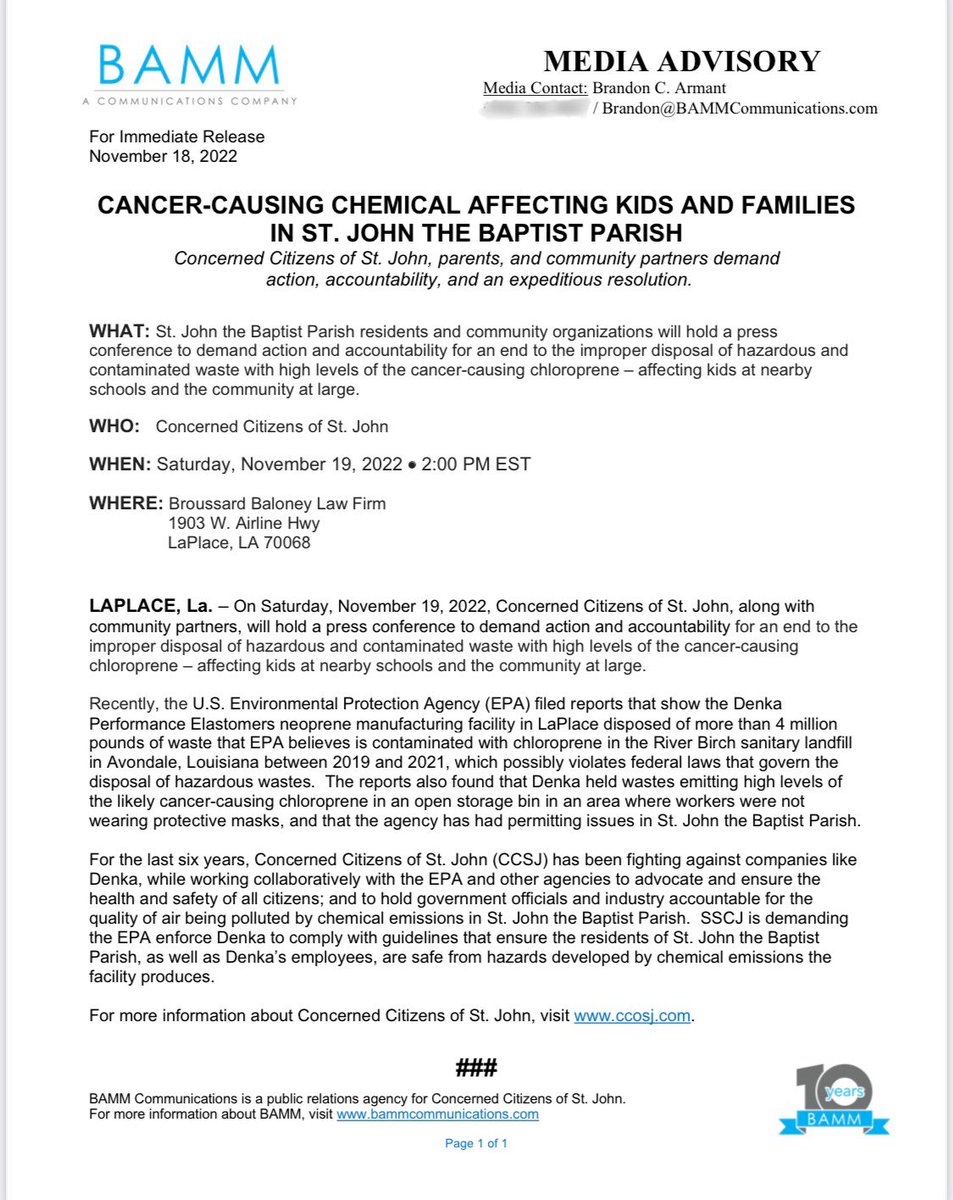 BAMMAgency's tweet image. MEDIA ADVISORY: @CCOStJohn holds press conference this Saturday, voicing their concerns and demands to stop the release of the cancer-causing chloroprene chemical that is affecting kids at nearby schools and the residents of St. John the Baptist Parish.
