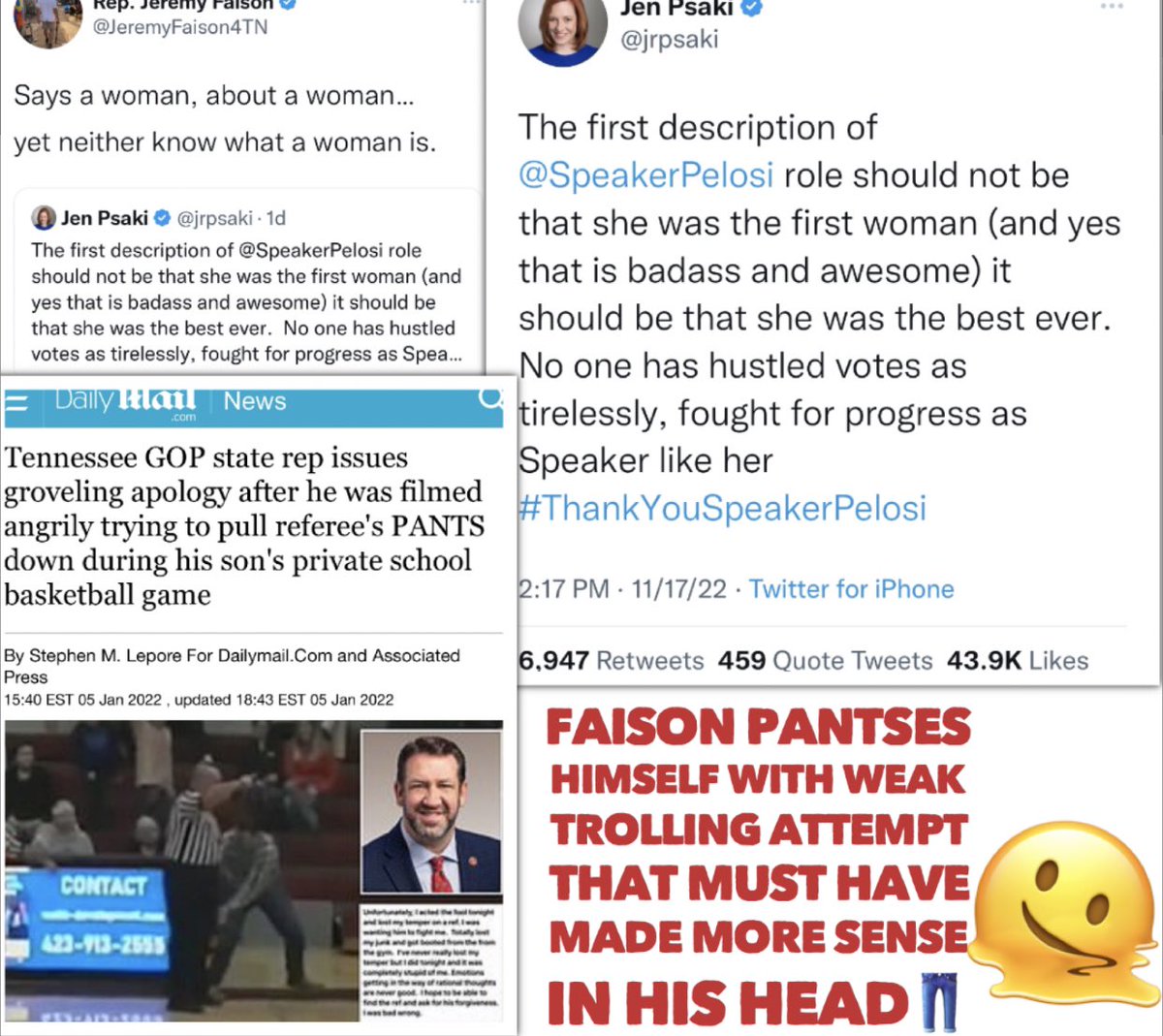 Ref-pantsing @tnhousegop caucus chair @JeremyFaison4TN just weakly tried to troll @jrpsaki but really just ended up pantsing himself instead 👖 It must have sounded better in his head🙄