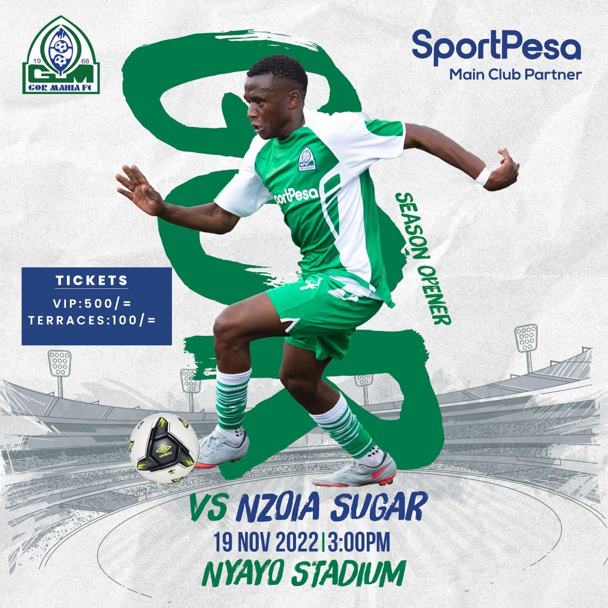 MATCH DAY!!

Gor Mahia FC vs Nzoia Sugar FC 
DATE: Today Saturday 19th Nov 2022
TIME: 1500hrs
VENUE: Nyayo Stadium 
CHARGES: 100/500

All the best K'ogalo!

#Sirkal #Sportpesa #FKFPL