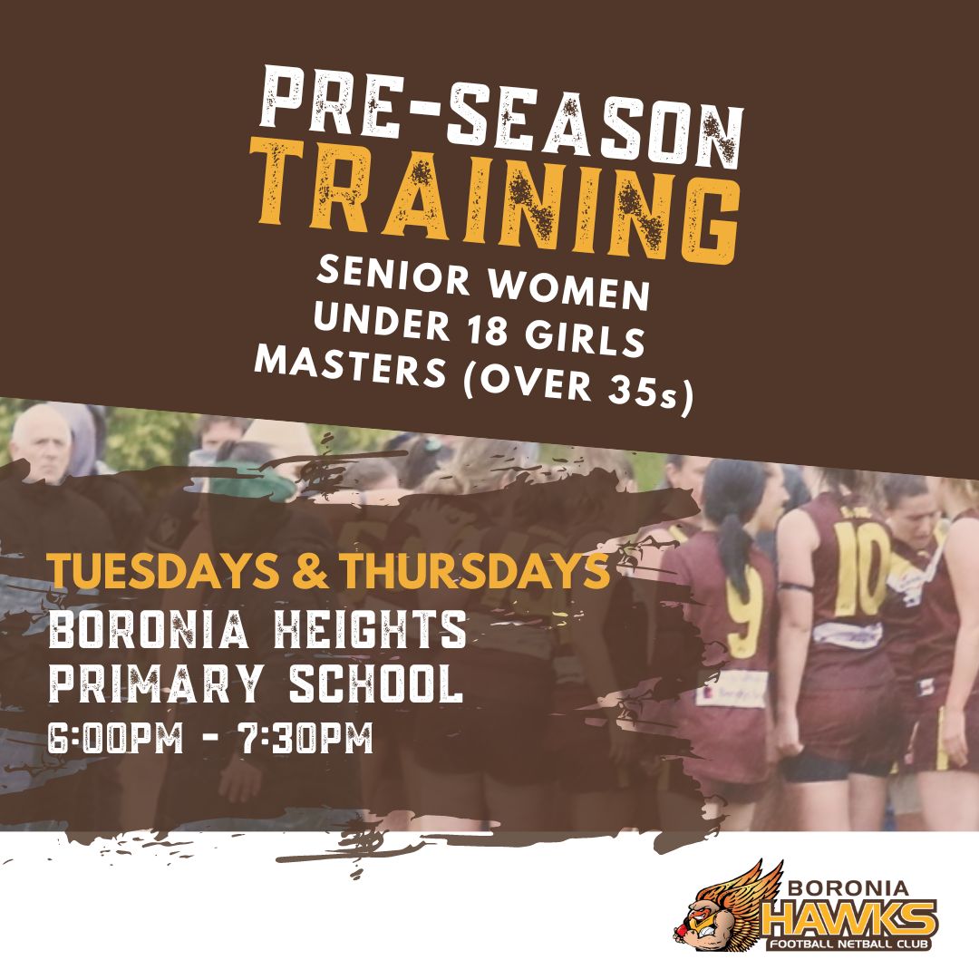 Pre-season training for Senior Women, U18 Girls and those interested in Masters (Over 35s) is on Tuesday &amp; Thursday nights starting 22nd November, 6pm to 7:30pm at Boronia Heights Primary School.  Check our website for more info. ALL WELCOME!  boroniahawks.com.au/womens-footbal…