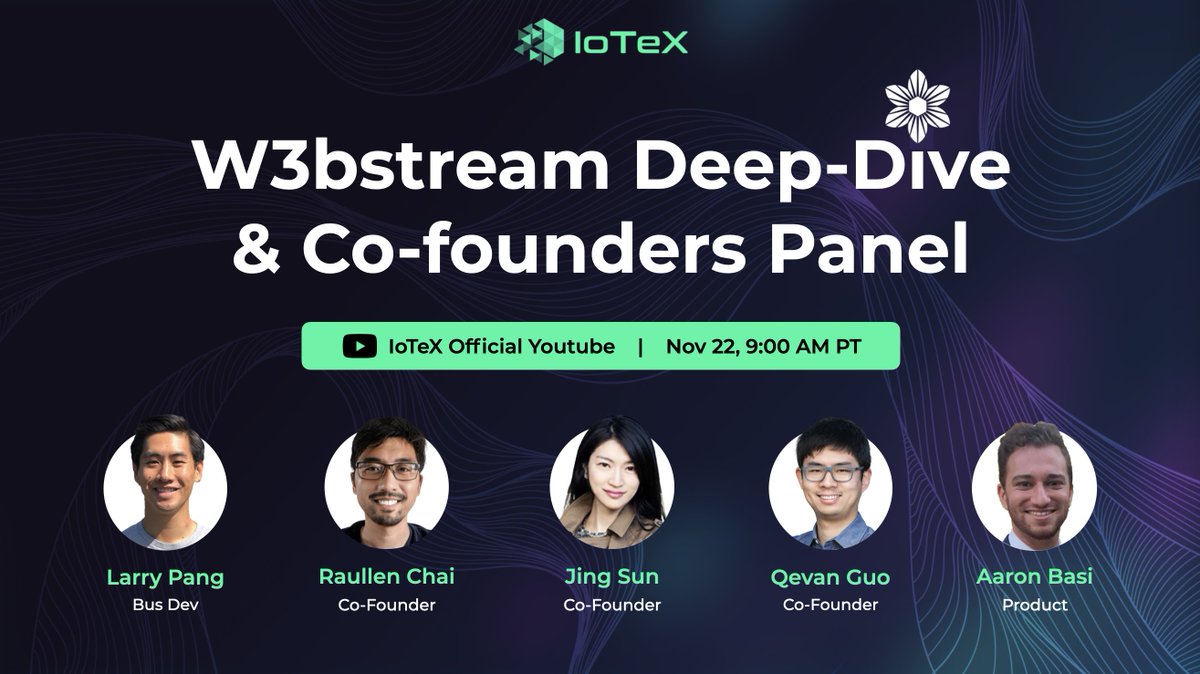 Join us Tues, Nov 22 @ 9AM PST for a special livestream on #W3bstream!

🌸 W3bstream Deep-Dive &amp; Use Case Exploration
📢 Panel discussion w/ <a href="/iotex_io/">IoTeX</a> Cofounders
➡️ Set your reminders now: youtube.com/watch?v=abAj2o…

Have questions on <a href="/W3bstream_com/">W3bstream</a>? Drop them in the replies 👇🏼
