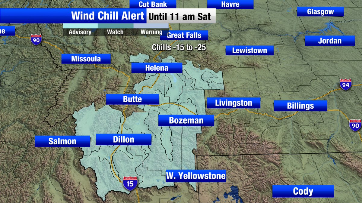 MarkHeyka's tweet photo. Wind chill advisory for southwest and parts of central Montana, including Bozeman, Butte, Dillon, West Yellowstone and Helena. Chills down to 25 below zero. Winds only 3 to 7 mph, but that's enough! @nwsgreatfalls @ShaunRainey #gocatsgo #gogrizgo #umgriz #msucats #CollegeGameDay https://t.co/wnbdgVjwhV