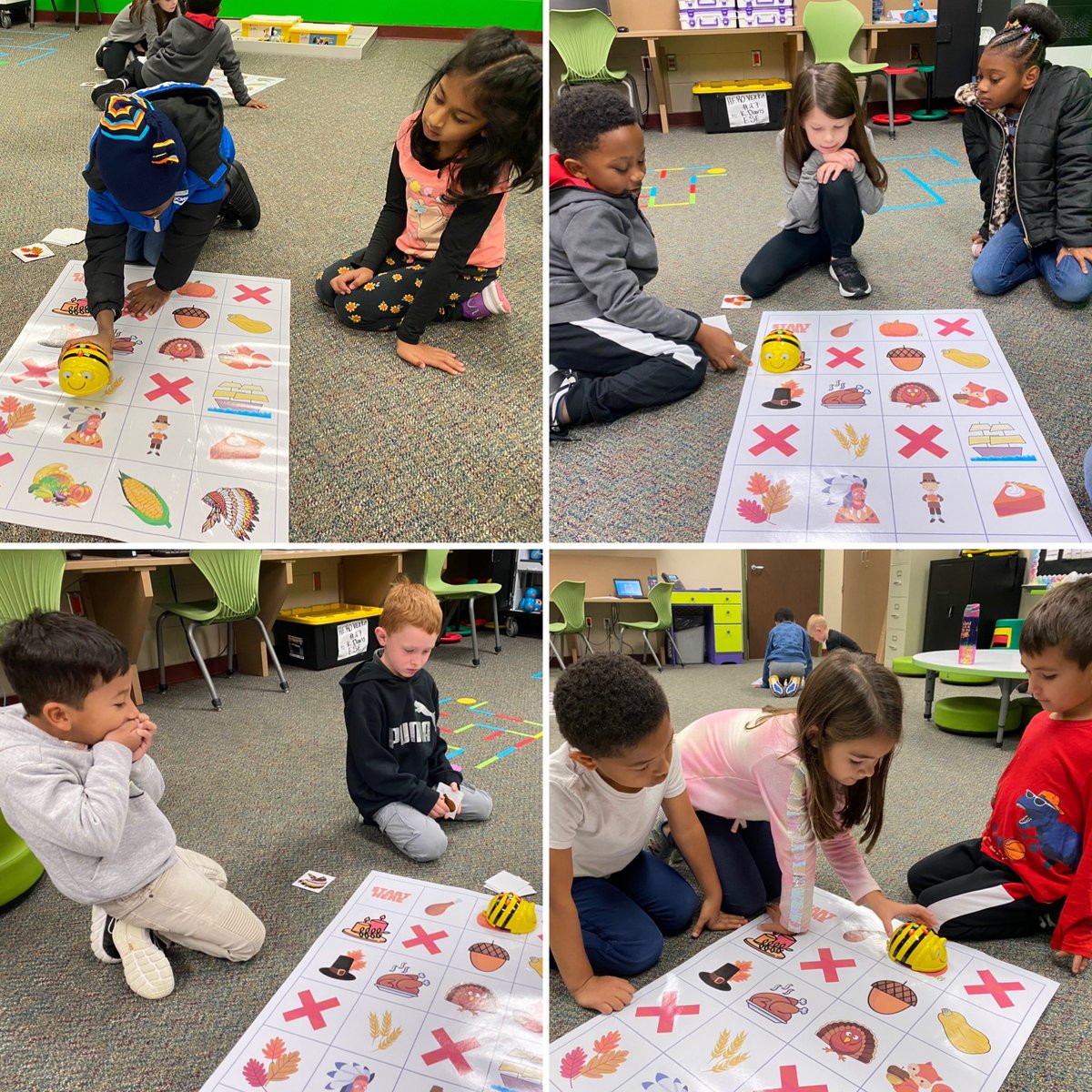 MsGoodrumsClass's tweet photo. This week we got to visit the Collaboratory and @MrsDavisESE taught us how to use the language of BeeBots: code! Before you know it the kids were coding the BeeBots to make their way through a Thanksgiving maze! Thank you Mrs Davis, it was awesome! #eseSOAR #futureprogramers https://t.co/Ub0l0033uz