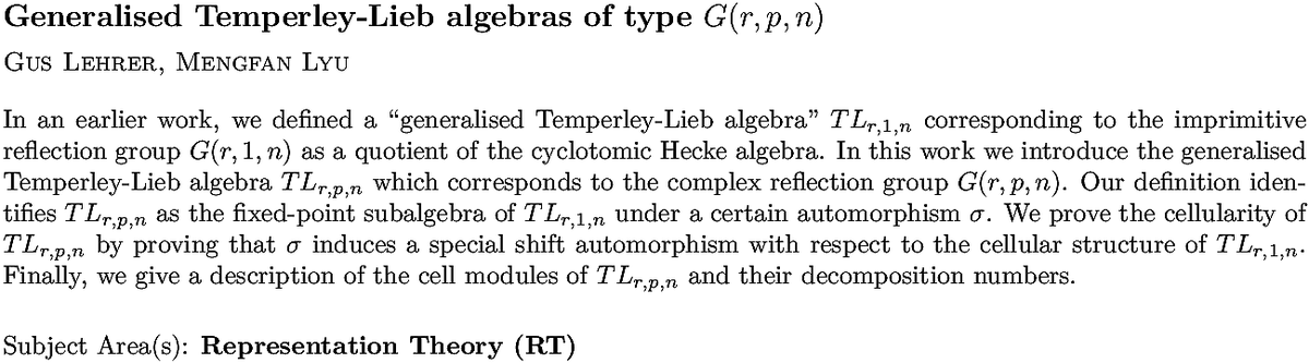 arxiv.org/abs/2211.09377…
G Lehrer, M Lyu
Generalised Temperley-Lieb algebras of type $G(r,p,n)