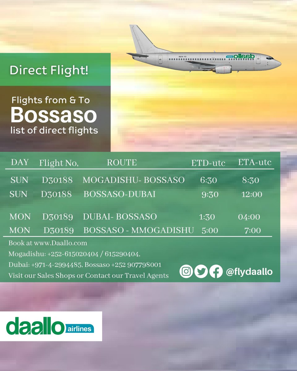 Enjoy a direct flight from &amp; to Bossaso. #flydaallo #Bosaso #Somalia #Travel #home