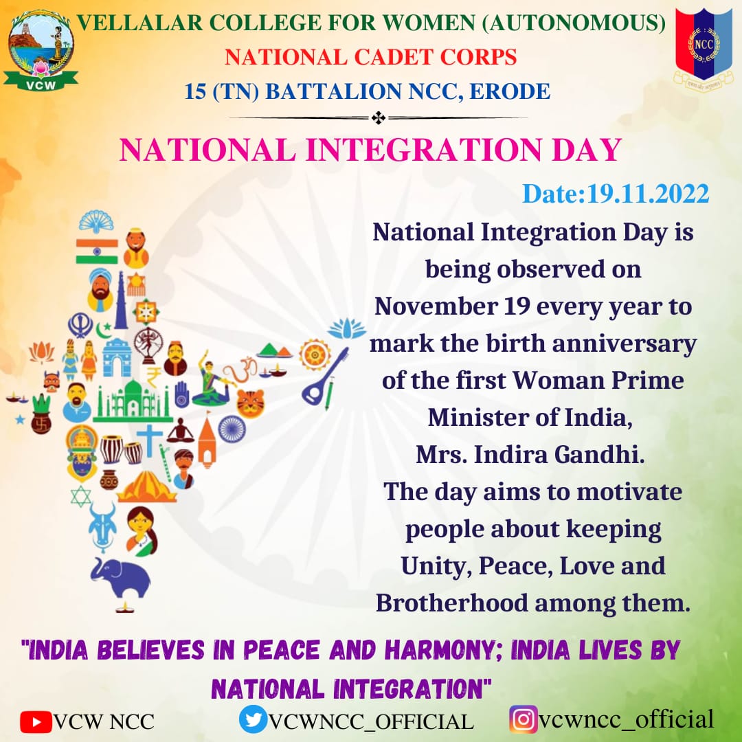 vcwncc's tweet photo. National Integration Day is celebrated each year on 19 November, to commemorate the birthday of the country's first-ever female Prime Minister, Indira Gandhi.
@NCCDte_TNPAN @HQ_DG_NCC_ @erodencc @Ko_Champions
#vcwncc
#Integrationday
#IndhiraGandhi https://t.co/ZHynb5T2zm