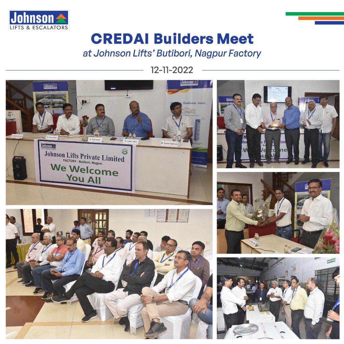 CREDAI Nagpur Metro visited Johnson's Butibori Lift factory on 12.11.2022 as a part of their study tour. 34 prominent builders from the city. President, Shri Vijay Dargan, Secretary, Shri Gaurav Agawala and  Conveyor, Shri Ashish Londhe were in the dais during the function.