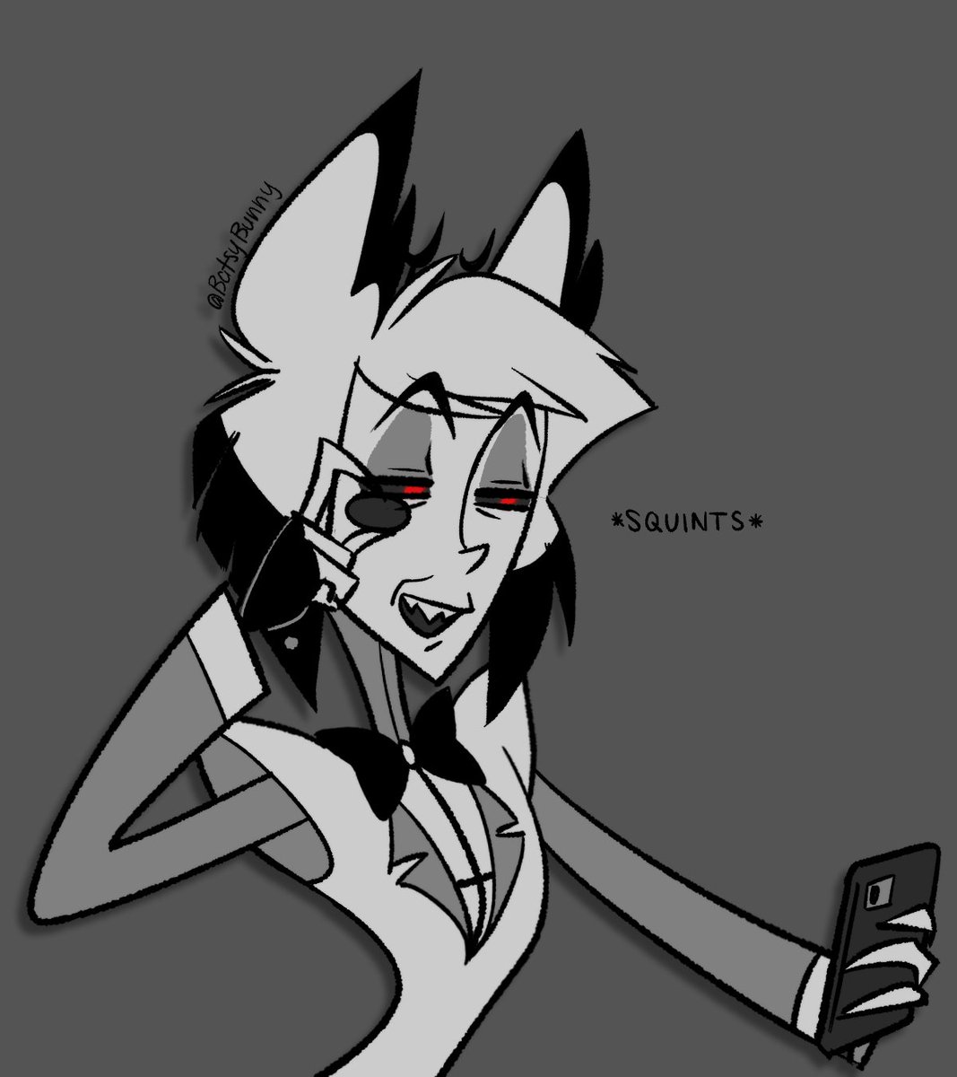 BatsyBunny's tweet photo. Alastor is an old man who squints at the phone when you try to show him anything and I refuse to believe otherwise #HazbinHotel #Alastor #HazbinHotelAlastor https://t.co/k5jmYUu7Rv