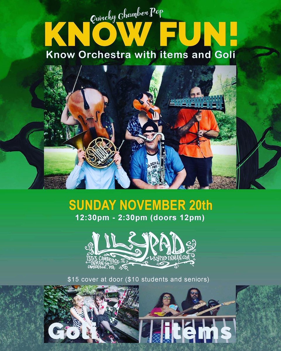 SHOW ALERT!
Goli is having a rare-sighting with items &amp; Know Orchestra at <a href="/lilypadinman/">The Lilypad</a> THIS SUNDAY!

Bring your lovers, bring your enemies, bring your awkward housemate. (Goli is surprisingly good w/the awkward 😜)

Can’t wait to make music with <a href="/vesselamarimba/">Vessela Stoyanova</a> &amp; the Know Orch!