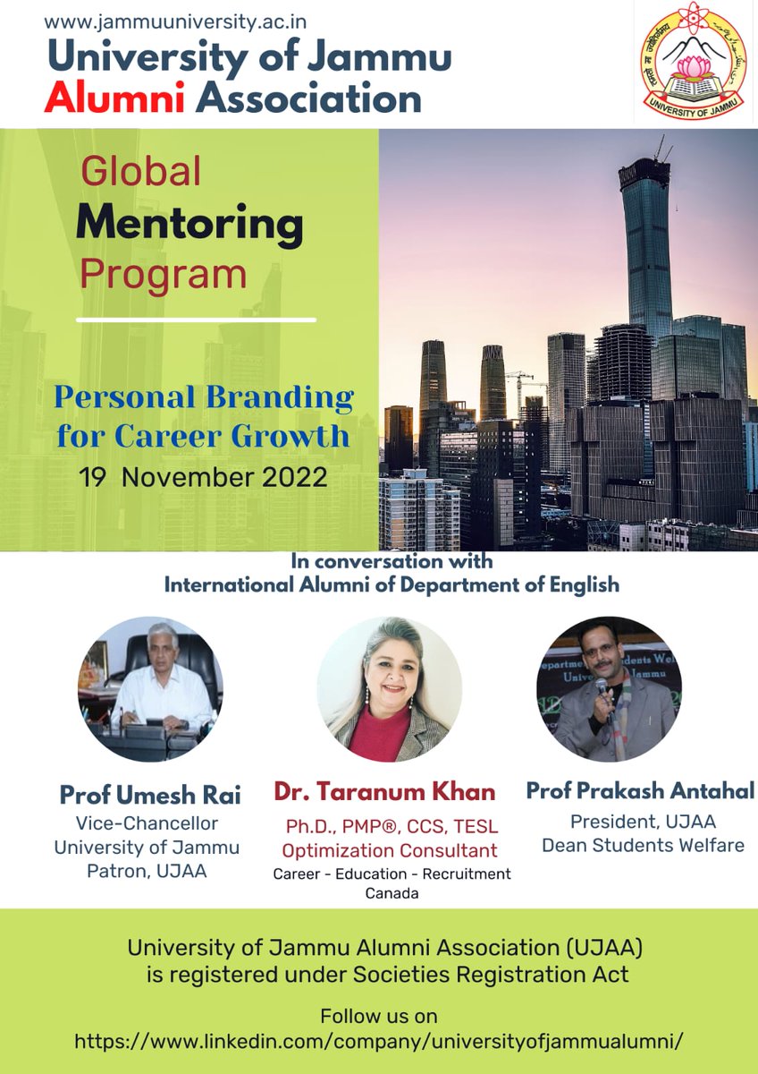 TaranumNKhan's tweet image. #willbehere What better than revisiting my roots to infuse a dose of #personalbranding for  #careergrowth to inspire #youngprofessionals &amp;amp; #students 
Proud to be an #alumna of #University of #Jammu #India &amp;amp; honoured to be presenting!
#CareerPro 
#successstory 
#MakingTheWay