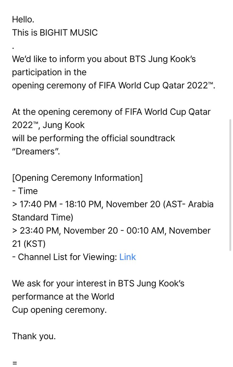 AureliaOT7's tweet photo. BH just gave the info onntime and date and link for Jungkook’s FIFA World Cup opening ceremony stage with his song “Dreamers” from the 2022 World Cup soundtrack

🔗https://t.co/u7xl2JAS0q https://t.co/rkpdJ4ZApT