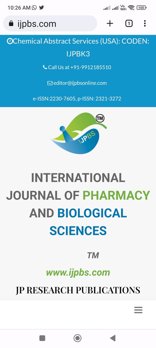 ijpbsjournal's tweet photo. https://t.co/Sj7sjXgc1i 
#ijpbs #ijpbsjournal 
International Journal of Pharmacy and Biological Sciences (IJPBS) (Int. J. Pharm. Biol. Sci.) Electronic- ISSN: 2230-7605 and print-ISSN: 2321-3272 (CODEN IJPBK3 Chemical Abstract Services (USA)) is a Peer-reviewed refereed OA. https://t.co/hFIJx76uG4