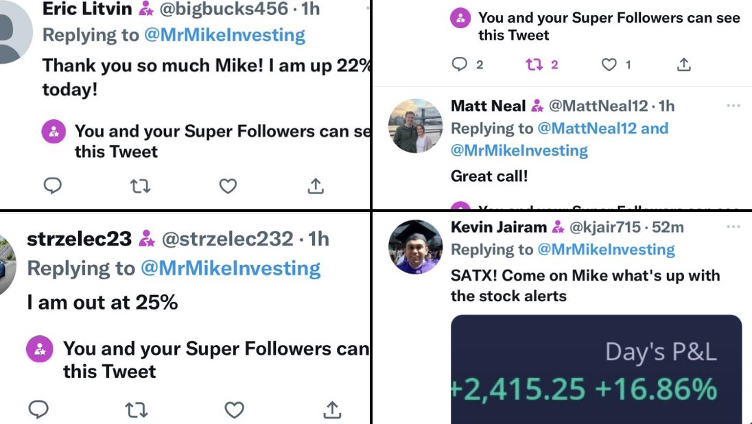MrMikeInvesting's tweet image. My super Followers made thousands of dollars this week off my calls!! 💸
⁃Let’s take a look at some of my biggest calls this week!
$SPY —&amp;gt; 800%
$MSFT —&amp;gt; 150%
$GOOG —&amp;gt; 30%
$AAPL —&amp;gt; 50% 
$QQQ —&amp;gt; 60%
$TSLA —&amp;gt; 120%
All of these alerts were posted to my super followers!!🚀