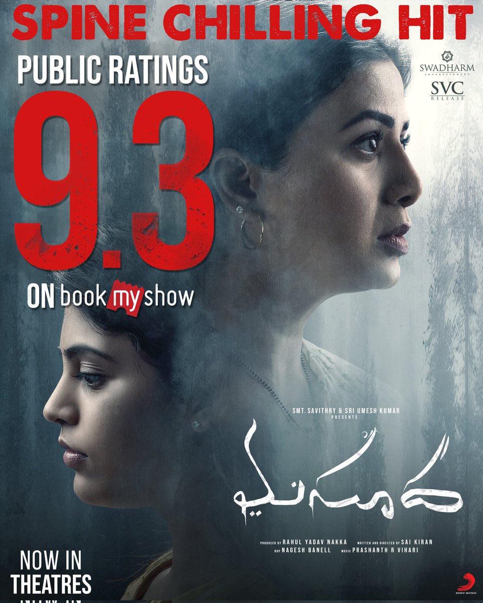 #Masooda is garnering MUST WATCH talk with a public rating of 9.3 on <a href="/bookmyshow/">BookMyShow</a>🔥

Book your tickets now!
-bookmy.show/Masooda

#MasoodaInCinemas
#SaiKiran @IamThiruveeR <a href="/KavyaKalyanram/">KavyaKalyanram</a> <a href="/sangithakrish/">sangithakrish</a> @Bandhavisri <a href="/prashanthvihari/">Prashanth R Vihari</a> <a href="/RahulYadavNakka/">Rahul Yadav Nakka</a> @SVC_Official