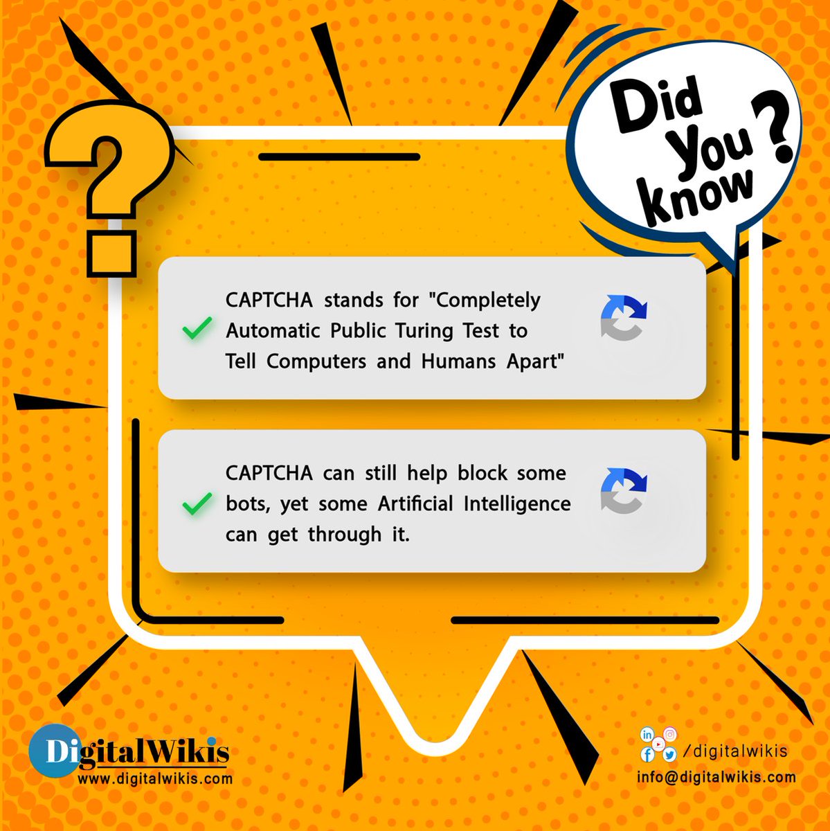 DigitalWikis's tweet image. Did you know what is CAPTCHA?
#Captcha
#Humanverification
#Challenge
#Test
#ArtificialIntelligence
#AI
#Verification
#Bot
#Bots
#Automated