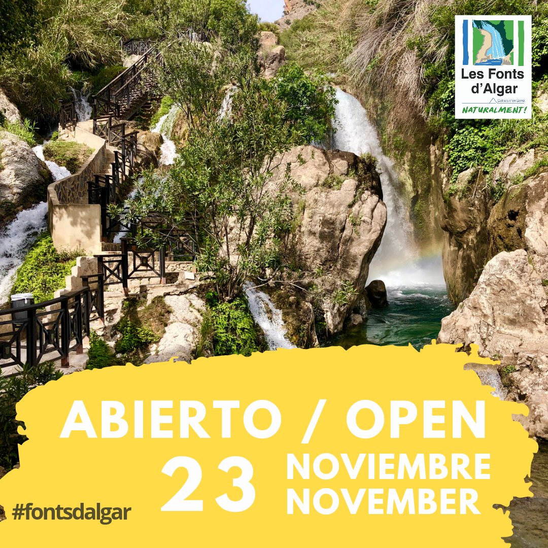 ATENCIÓN - 𝗔𝗯𝗿𝗶𝗺𝗼𝘀 𝗲𝗹 𝟮𝟯 𝗱𝗲 𝗻𝗼𝘃𝗶𝗲𝗺𝗯𝗿𝗲 

El próximo miércoles podréis volver a pasear y disfrutar de Les Fonts d'Algar, en Callosa d'en Sarrià.

#fontsdalgar #callosadensarria #costablanca #comunitatvalenciana #fuentesdelalgar