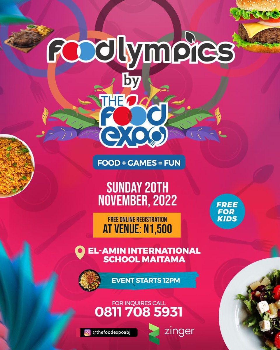 We will be live at the foodlympics tomorrow 💃🏽💃🏽💃🏽💃🏽

Venue - El-Amin international school 
Time - 12pm 

Please come through  and patronize your favourite vendor. 😁😁

See our menu for tomorrow 
Can’t wait to see you 

#AbujaTwitterCommunity 
#plsRT