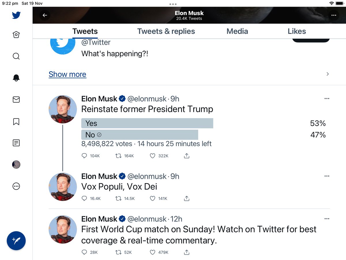 Be Involved All Writers story poetry muso’s artist who is on line now please go to <a href="/elonmusk/">Elon Musk</a> profile Vote 
My Hope Wish is A Big NO to this Poll 
We the 🌏with Democratic CHOICE please remember we have no other Party so The CHOICE of the BETTER GOOD IS EASY 
a BIG NO to #Dtrump