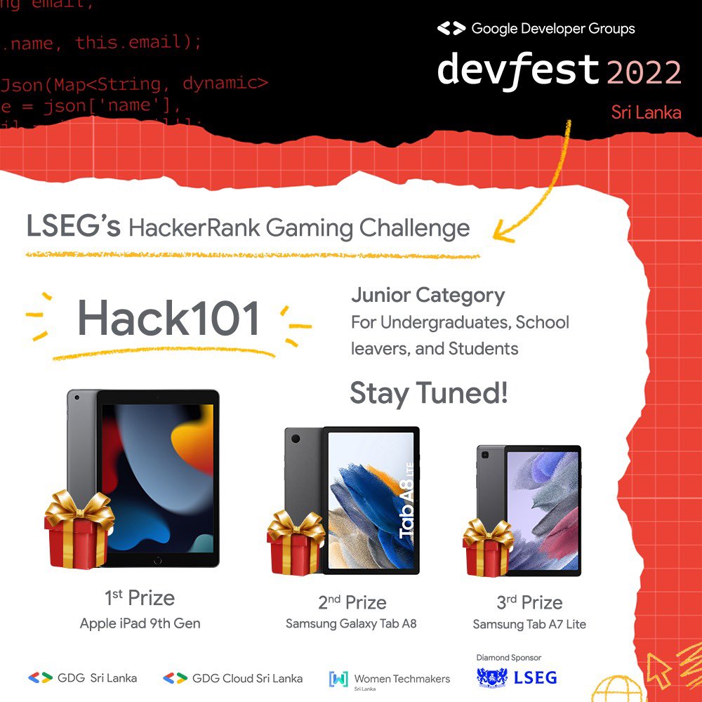 GDGLK's tweet photo. Show your interest in LSEGโs HackerRank Gaming Challenge when you are registering for DevFest Sri Lanka!
#GoogleDevCommunity #DevFest2022 #DevFest #GDG #GDGLK #WTMSL #GDGCloudSL #DevFestSL #SriLanka #WTM #GDGCloud https://t.co/dKRz0qs1cl