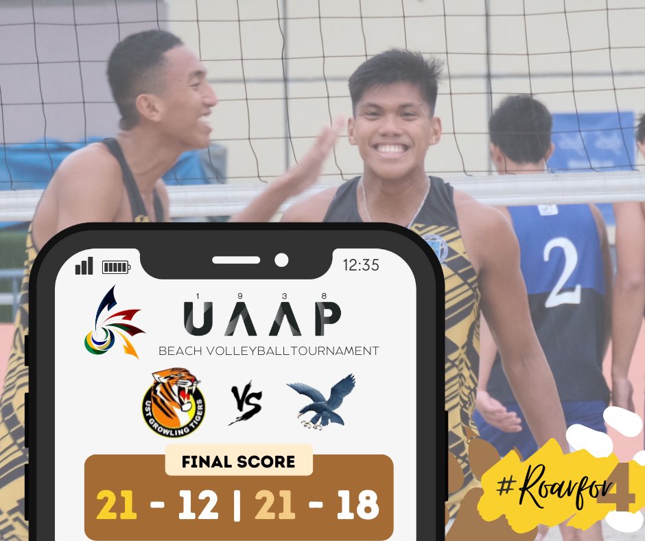 thelastwhistler's tweet photo. [#ROARFOR4] All smile from the UST Tiger Sands after dominating the Ateneo Blue Eagles in two straight sets. 🧹 
UST Tiger Sands ends Day 1 with 2-0. #GoUSTe 💛🐯 https://t.co/5AecTqfqaJ