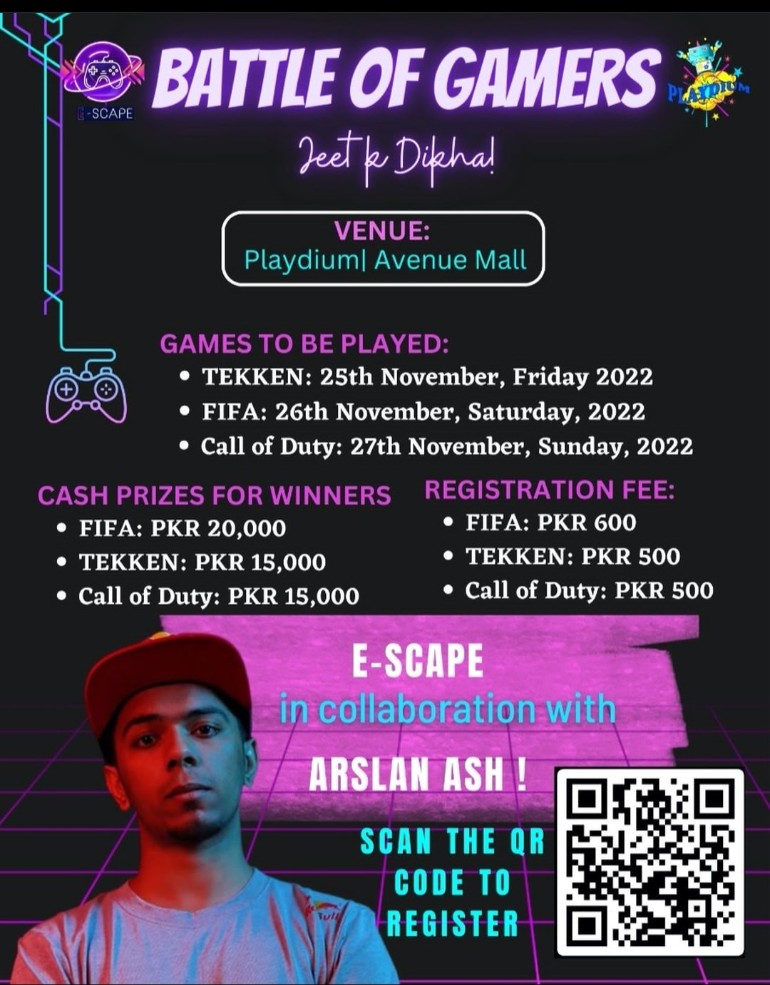 Here are the details of our tournament. Scan the QR code or click on the link in our bio to register!

E-SCAPE X ARSLAN ASH !!!

So what are you waiting for !? Hurry up and register for a thrilling gaming frenzy !!