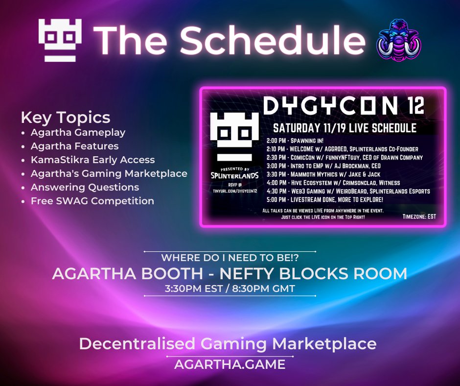 Today's Schedule 👇

A big shoutout to the amazing <a href="/DYGYCON/">DYGYCON</a> once again for putting on such an event!

Another shoutout to the ever-strong #WAX community in the depths of this crypto winter.

See you all later at the <a href="/AgarthaGame/">Agartha</a> booth!