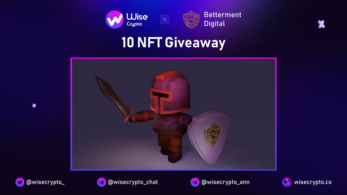 WiseCrypto_'s tweet image. 🥳 Wise Crypto X Betterment Digital
 Giveaway

🏆Prize Pool - 10 NFTs

To Enter
✅ Follow @WiseCrypto_ &amp;amp; @Bettermnt_Digt
✅ RT &amp;amp; Tag Friends
✅ Complete task on t.cwallet.com/vwdcp

#Airdrop #Giveaway #IDO #Crypto #NFT