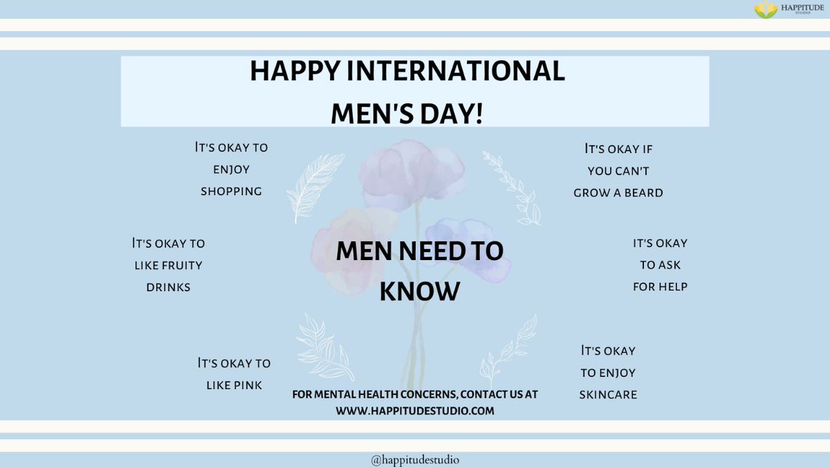 happitudestudio's tweet photo. Happy International men’s day!
It’s time to smash the stereotypes and let men enjoy the things they like, even if society deems those things as ‘girly’ or ‘feminine’.
#stereotypes #selflove #selfcare #menshealth #mentalhealth #interests #menneedtoknow #happyinternationalmensday https://t.co/PUck8wHNwn