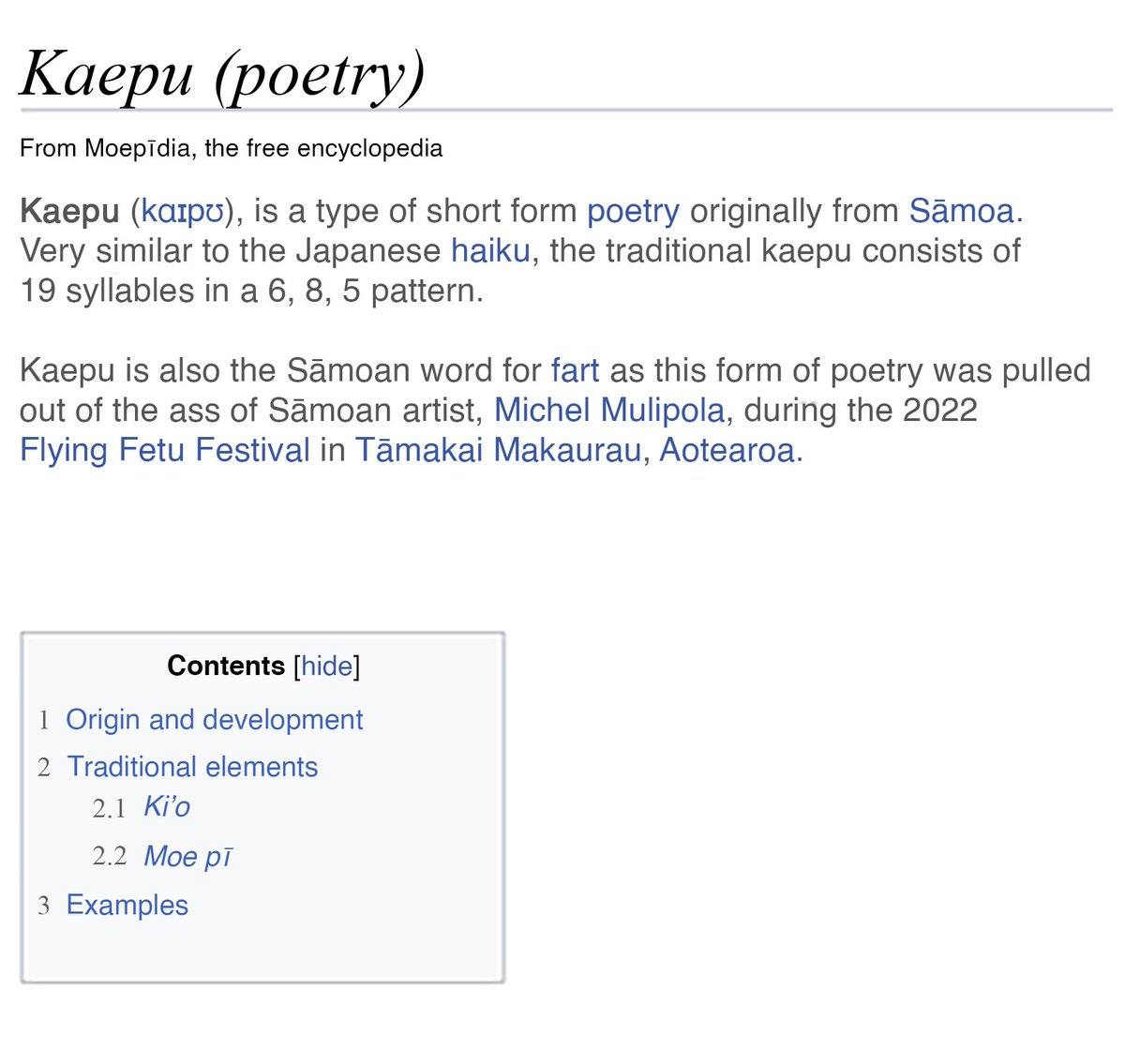 bloodysamoan's tweet image. Went to the Māngere @RLSamoa fanzone and was inspired to write a new style of Sāmoan poetry that I introduced at the #FlyingFetu festival

The Kaepu

Similar to a haiku, it&apos;s a 19 syllable structure poem in a 6, 8, 5 pattern

There&apos;s a Moepīdia entry so you know it&apos;s real

🤣🤣🤣