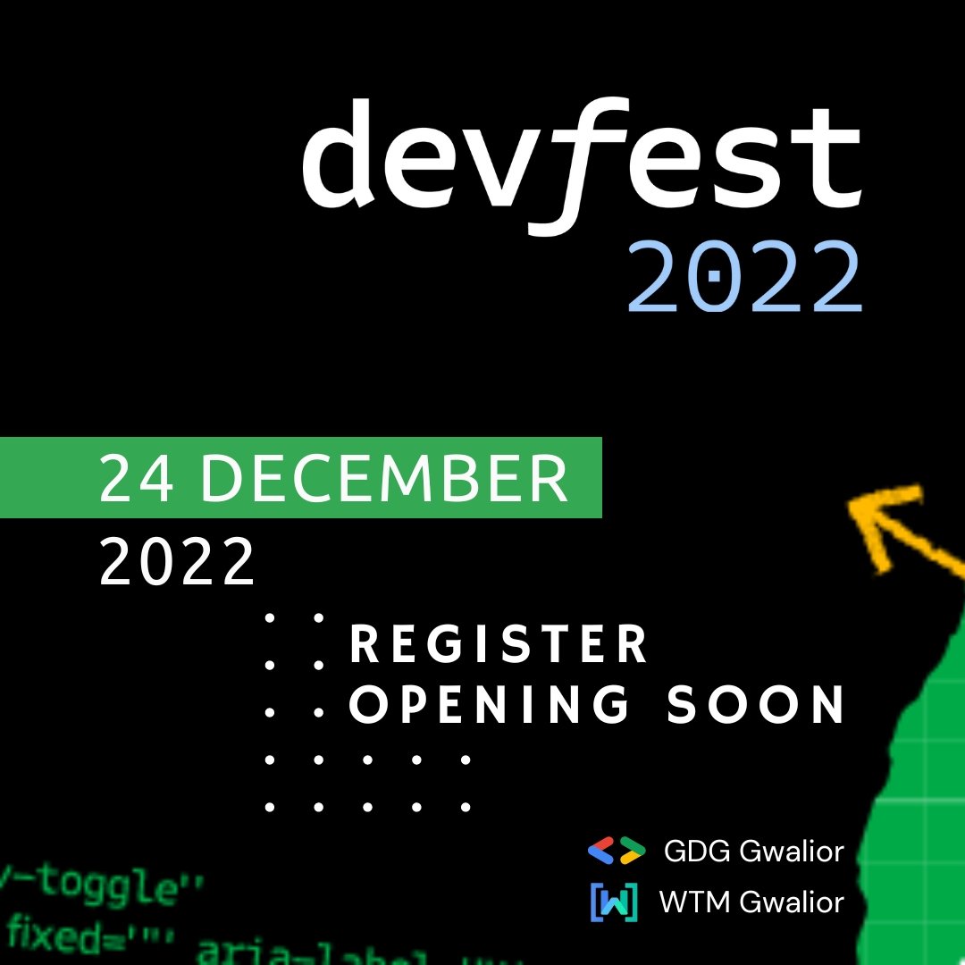 GdgGwalior's tweet photo. Hello folks👋 ,
Were you thinking about what our next event could be😄?

So, Your wait is over now. We are thrilled to announce our next global community-driven tech event DevFest’2022 on 24th December 2022 🗓. https://t.co/gEQjLTOdrh