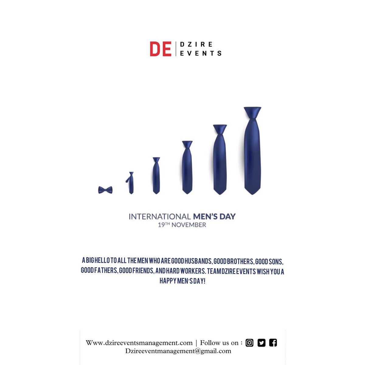 DzireEvents's tweet photo. A big hello to all the men who are good husbands, good brothers, good sons, good fathers, good friends, and hard workers. Team Dzire Events wish you a Happy Men’s Day! 
#teamdzireevents #HappyMensDay https://t.co/Nn3VmuZ9Wy