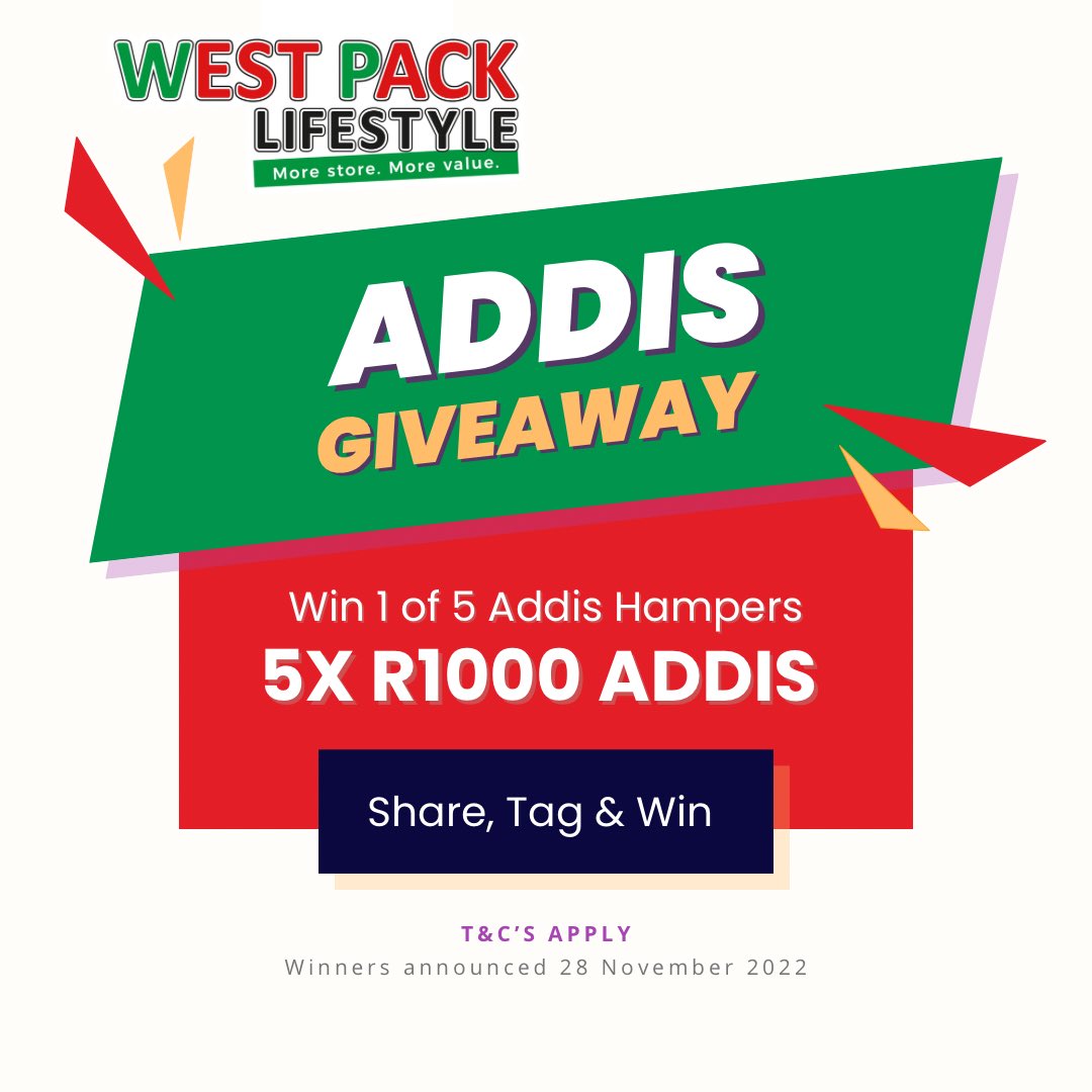 westpackstores's tweet photo. WIN 1 of 5️⃣ Addis Hampers from #WestPackLifestyle

Want to spoil yourself and a friend? RT this post, tag a friend &amp; you could BOTH WIN an #Addis Hamper valued at R1000 each 👀 https://t.co/Nymit6qWhz ⬇️ More 👀

T&amp;C’s Apply. Winners announced 28 Nov 2022 https://t.co/HIqbDbwhCJ