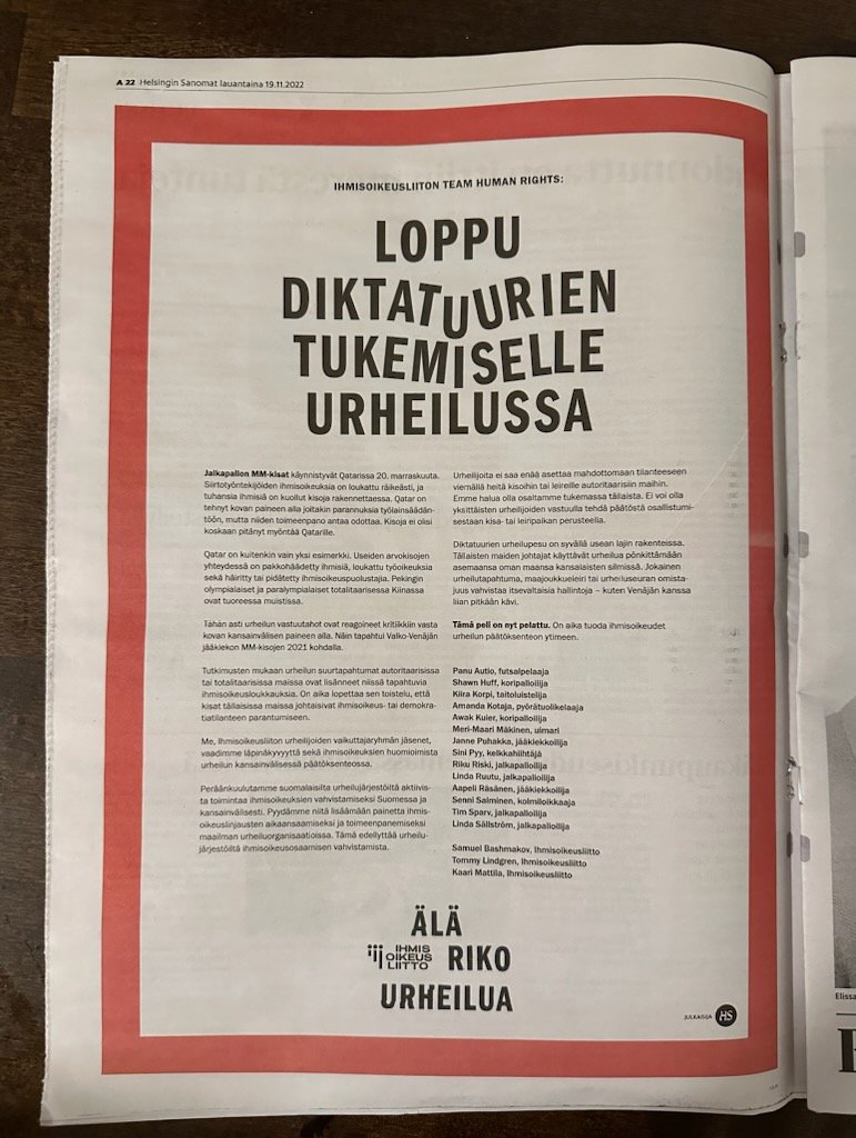 ”Loppu diktatuurien tukemiselle urheilussa”, vaatii Ihmisoikeusliiton urheilijoiden nimekäs vaikuttajaryhmä Team Human Rights tänään Helsingin Sanomissa! Lue koko kannanotto sivuiltamme: alarikourheilua.fi/loppu-diktatuu…
#ÄläRikoUrheilua #mmfutis