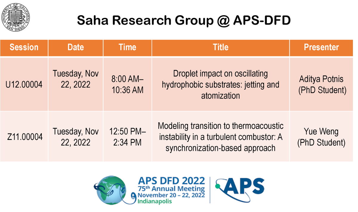 SahaGroupUCSD's tweet photo. Saha Research Group will be at #apsdfd2022, @APSmeeting. We have two talks to be presented by two PhD students (details below). They will discuss our recent works on droplet dynamics and thermoacoustic instabilities. Stop by to learn more... https://t.co/MdfIQoaBPZ