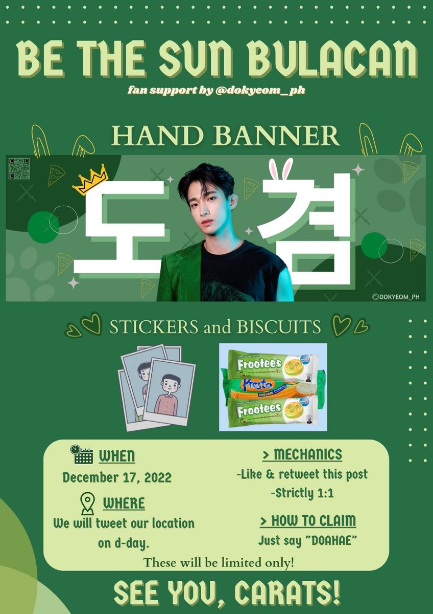 dokyeom_ph's tweet photo. DOKYEOM PHILIPPINES BETS BULACAN FREEBIES!!!

We will be giving away 500 sets of DOKYEOM-inspired freebies on December 17. 😍

1 set = 1 hand banner, 2 stickers and biscuits.

See poster for more details. See you there, cuties and carats! 🥳

#도겸 #BeTSinBULACAN https://t.co/5GWaytEHzL