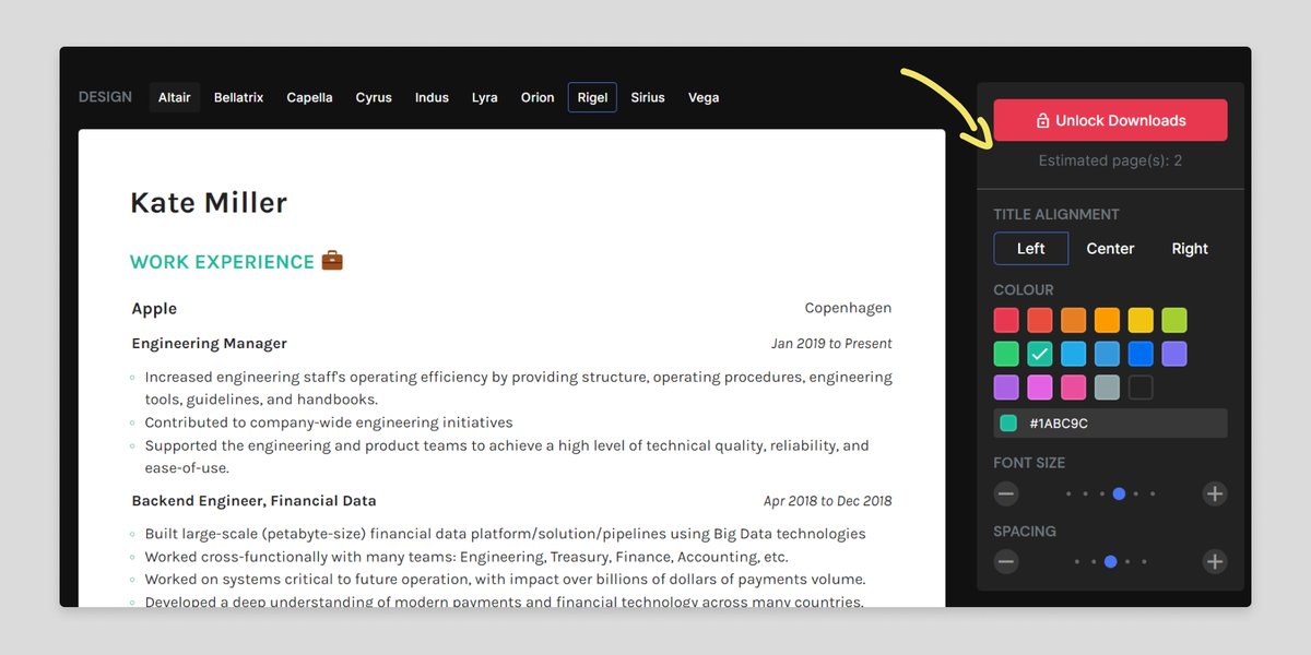 Announcement 📢

A much requested feature by our users was being able to estimate the number of pages for a resume.

And it's live now! 

There is also a new variation for the download button - 'Unlock Downloads' to indicate the locked state of the feature, for greater clarity.