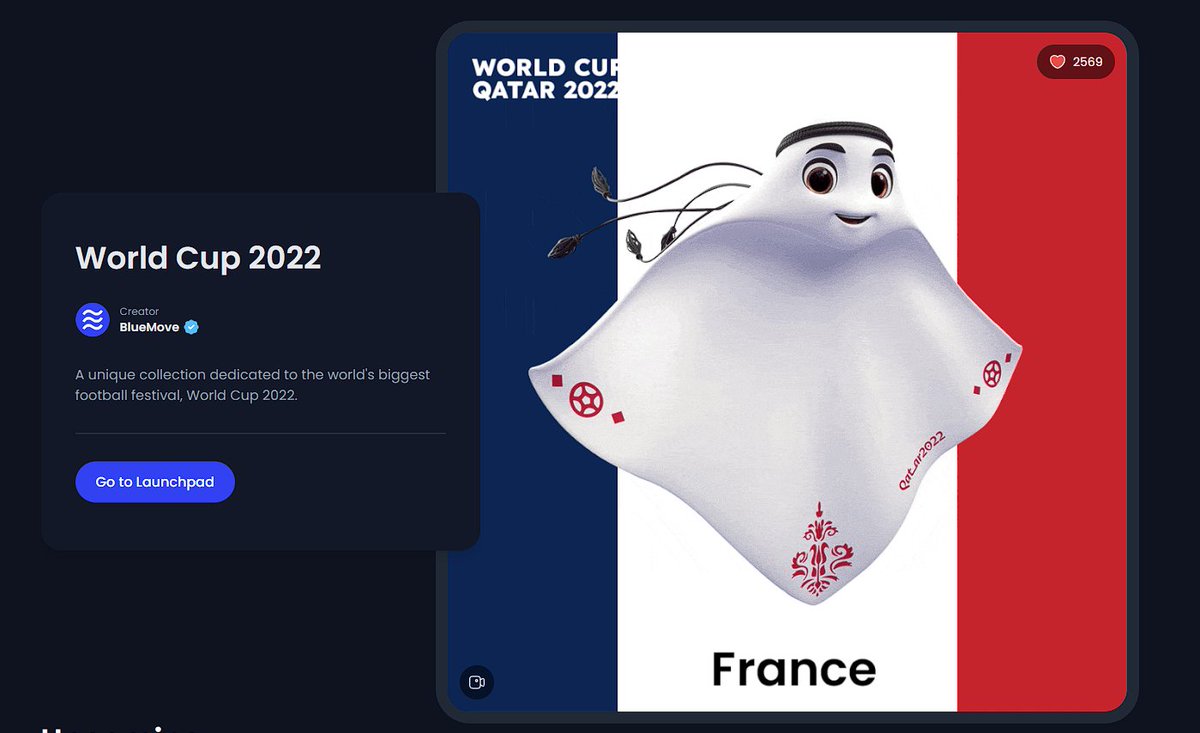 🇶🇦 Road to Qatar 2022 

Users who hold the nation flag NFT can join the free-mint pool of the World Cup players' launchpad of that player's country.

⏲️Mint today at 2PM UTC
🚀bluemove.net/launchpad-deta…

#WorlCup2022 #WCQatar22
