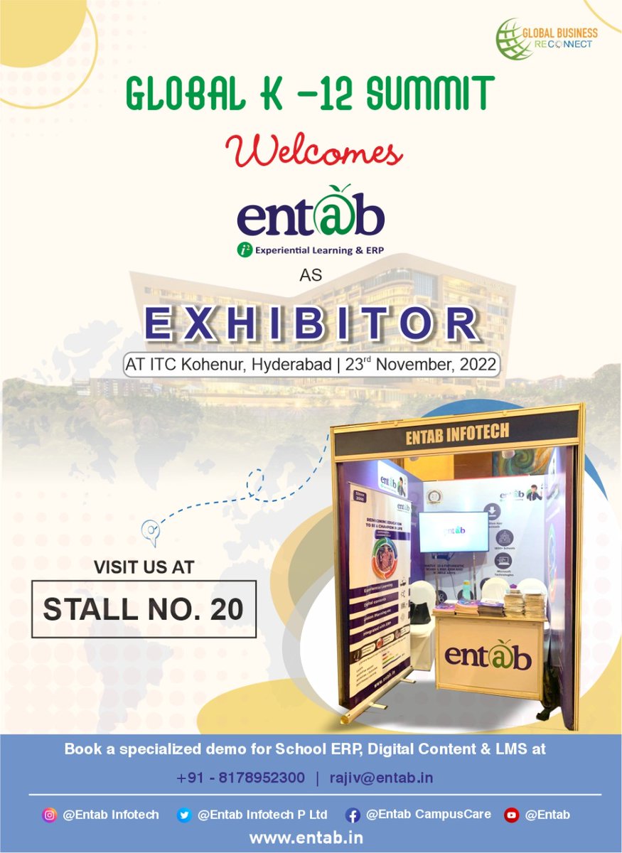 GReconnect's tweet photo. Meet-ENTAB INFOTECH PVT LTD Experiential Learning & ERP
At ITC Kohenur, Hyderabad 23rd November 2022
Stay tuned for more-
Entab
#gbrc #globalk12summit #globalbusinessconnect #education #principals #director #k12summit #learning #leadershipdevelopmentprogram #b2bconference2022 https://t.co/hJcaxOcUs7