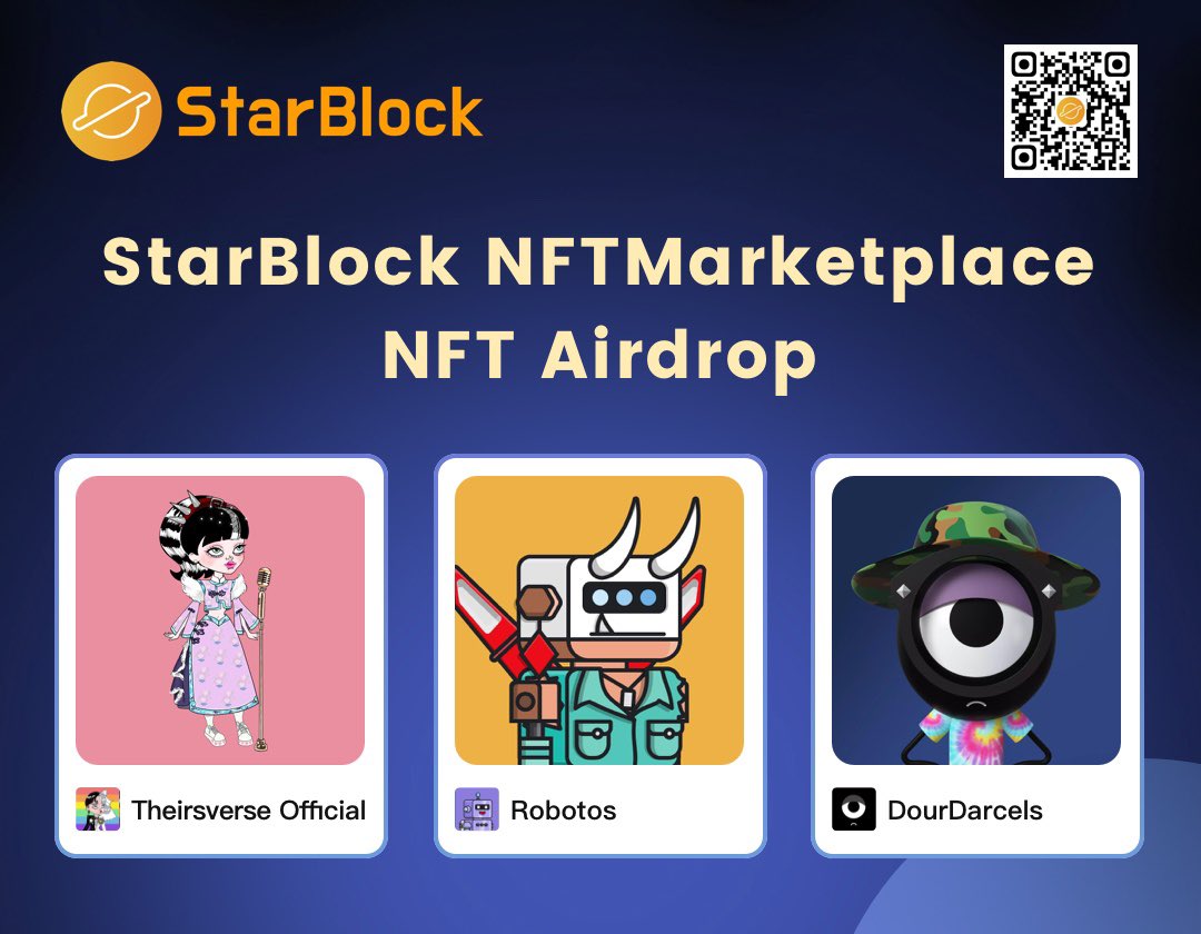 StarBlockNFT's tweet photo. StarBlock NFTMarketplace NFT #airdrop is coming 
#EthereumFair Chain NFT random: 
#Theirsverse Official ×1 
#Robotos ×1 
#DourDarcels ×1 
48H 
-Follow @StarBlockNFT @EthereumFair
-Like&amp;Rt 
-Tag 3 friends 
#StarBlock #NFTMarketplace $STB #NFTFarming #NFTStaking #ETHF #NFT https://t.co/9gvMuruQb4