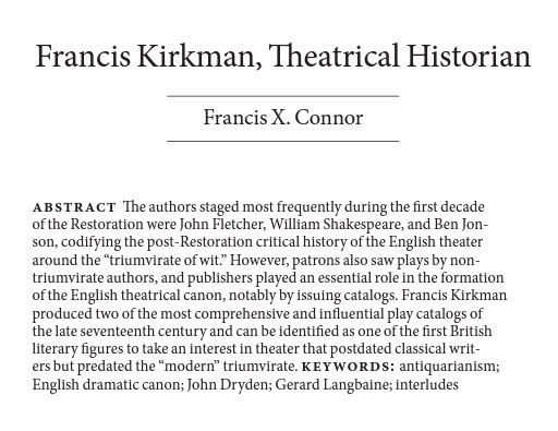Rachel Willie (@racheljwillie) on Twitter photo Annnnnd finally! <a href="/SportingKyd/">Fran Connor</a> eruditely examines Kirkman’s play catalogues, droll collection, practices as a bibliographer & role as theatrical antiquarian to show how print in early Restoration played an essential part in canon formation, extending beyond the triumvirate of wit Annnnnd finally! <a href="/SportingKyd/">Fran Connor</a> eruditely examines Kirkman’s play catalogues, droll collection, practices as a bibliographer & role as theatrical antiquarian to show how print in early Restoration played an essential part in canon formation, extending beyond the triumvirate of wit