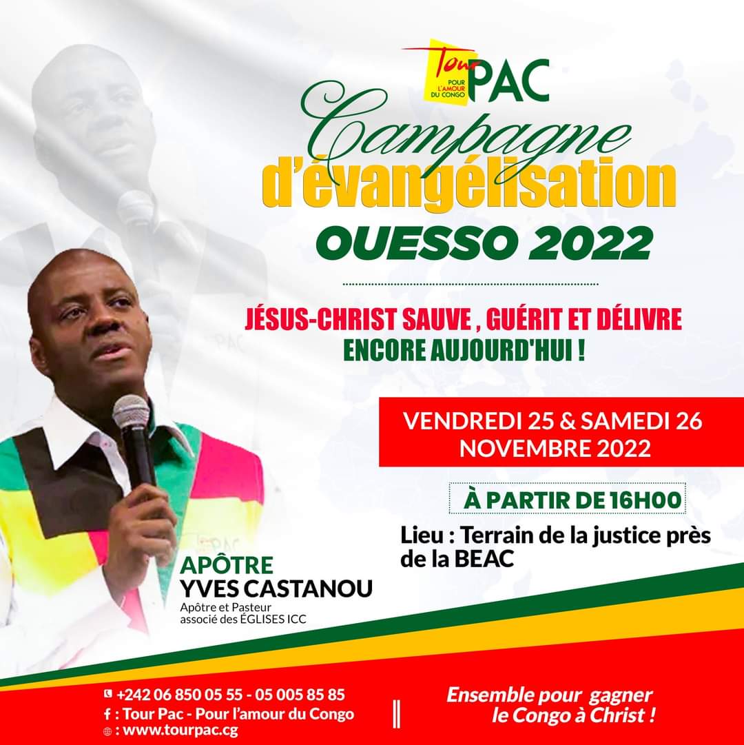 Je serai à Ouesso du 25 au 26 novembre pour une grande  campagne d'évangélisation sur le thème  “Jésus-Christ sauve, guérit et délivre encore aujourd’hui ! "
Ensemble, pour gagner le Congo à Christ ! 
#TourPaC #evangelisation #Congo