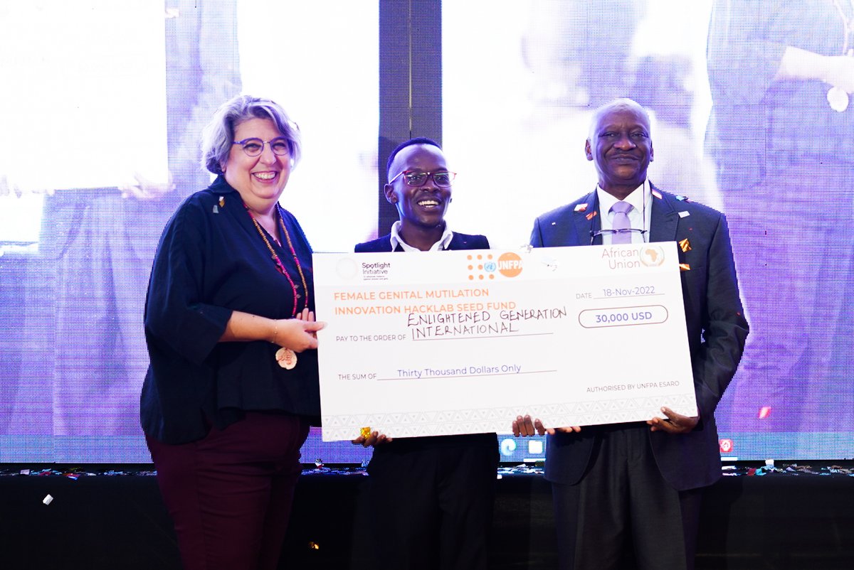 UNFPA Kenya (@unfpaken) on Twitter photo Congratulations Gloria Mlagwa of Tanzania and Mack Marangu of Kenya, winners of the FGM Innovation HackLab!
Each innovator will receive $30,000 in funding to grow & scale their solutions to #EndFGM. Thanks to all partners <a href="/GlobalSpotlight/">Spotlight Initiative</a> <a href="/_AfricanUnion/">African Union</a> <a href="/UNFPA_ESARO/">UNFPA East and Southern Africa</a>. Congratulations Gloria Mlagwa of Tanzania and Mack Marangu of Kenya, winners of the FGM Innovation HackLab!
Each innovator will receive $30,000 in funding to grow & scale their solutions to #EndFGM. Thanks to all partners <a href="/GlobalSpotlight/">Spotlight Initiative</a> <a href="/_AfricanUnion/">African Union</a> <a href="/UNFPA_ESARO/">UNFPA East and Southern Africa</a>.
