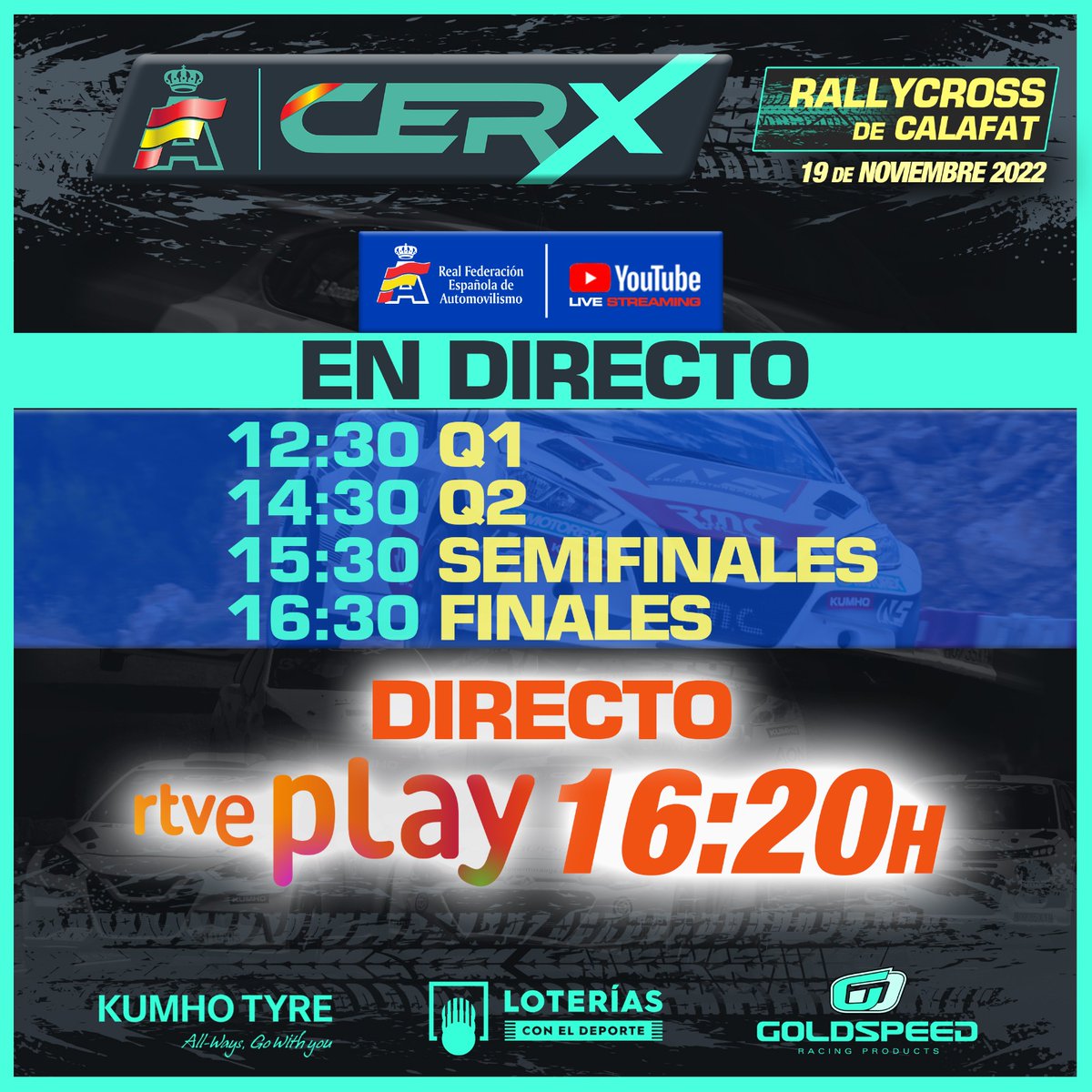 👀 ¡No te pierdas nada de lo que pase en Calafat!🏆

¡Te esperamos en el <a href="/CircuitCalafat/">Circuit Calafat</a>! Acceso al público gratis 🤗

Si no puedes venir, el título de #CERX1 se juega en <a href="/rtveplay/">RTVE Play</a> y en el canal de YouTube de la <a href="/RFEdeA/">Real Federación Española de Automovilismo</a> 📺

Hoy, cita con la historia... 🌐

#CERX #Rallycross