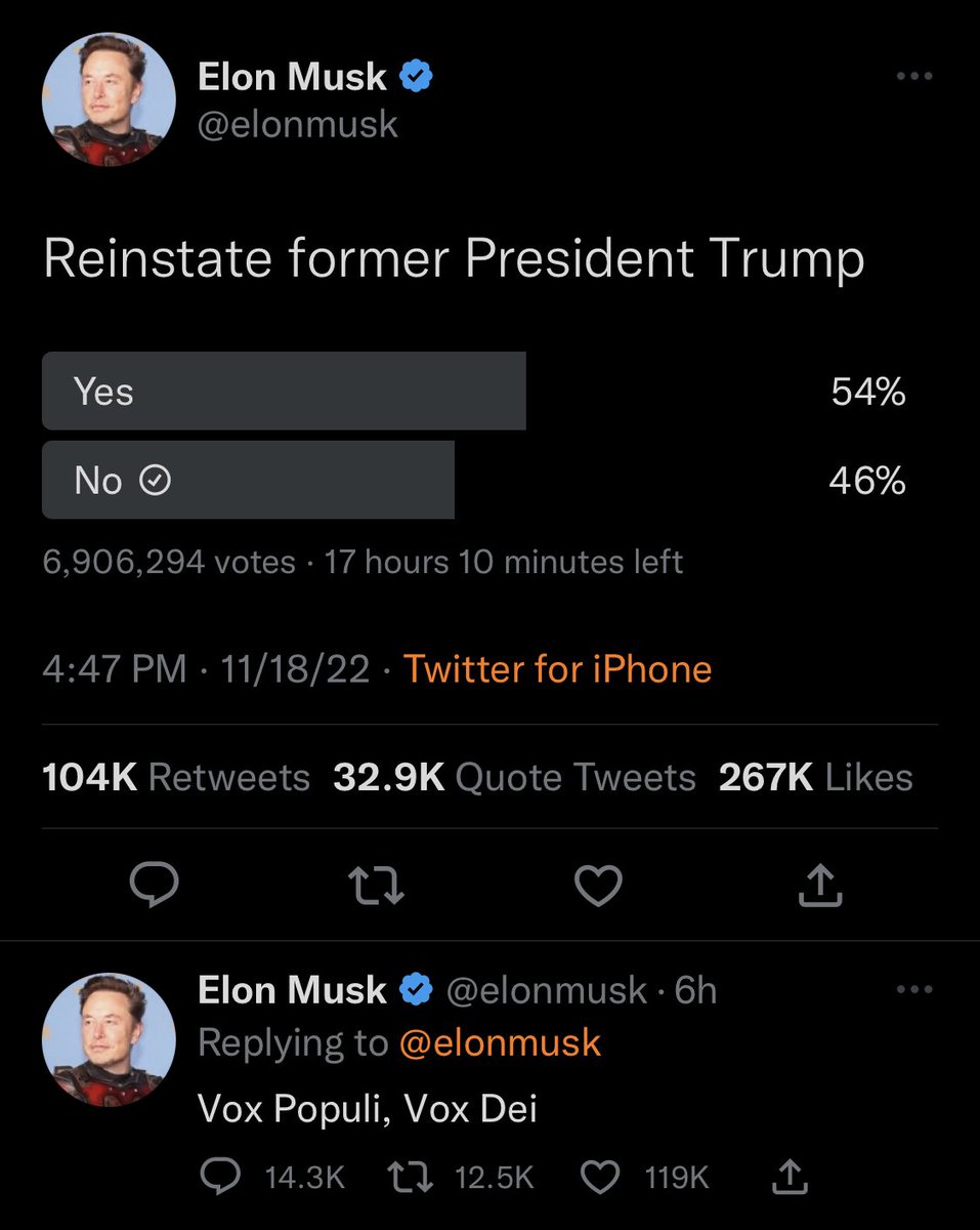 NickKnudsenUS's tweet image. Musk’s reply tweet “Vox Populi, Vox Dei” translates to “The voice of the people is the voice of God.”

Sigh.

It is actually worth voting in this stupid poll if there’s even the slightest chance the result might keep Donald Trump off Twitter.